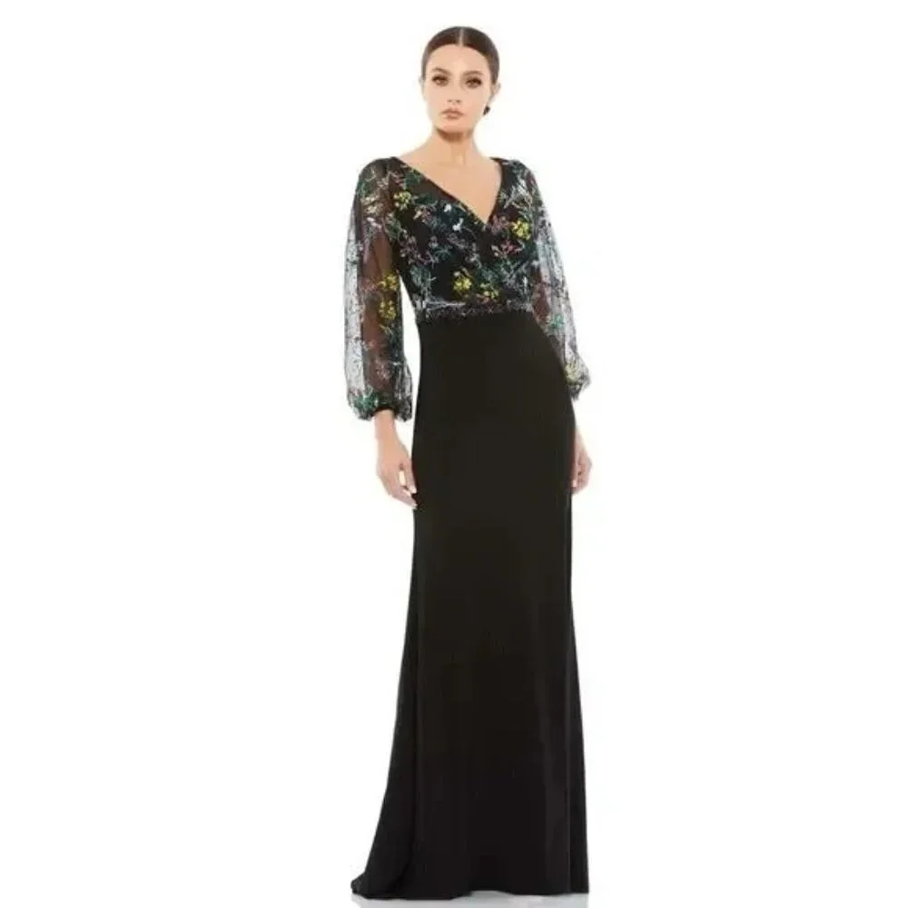 Mac Duggal 79379 Puffed Sleeve Maxi Dress Gown Illusion Embroidered Size 8 NWT - Picture 3 of 7
